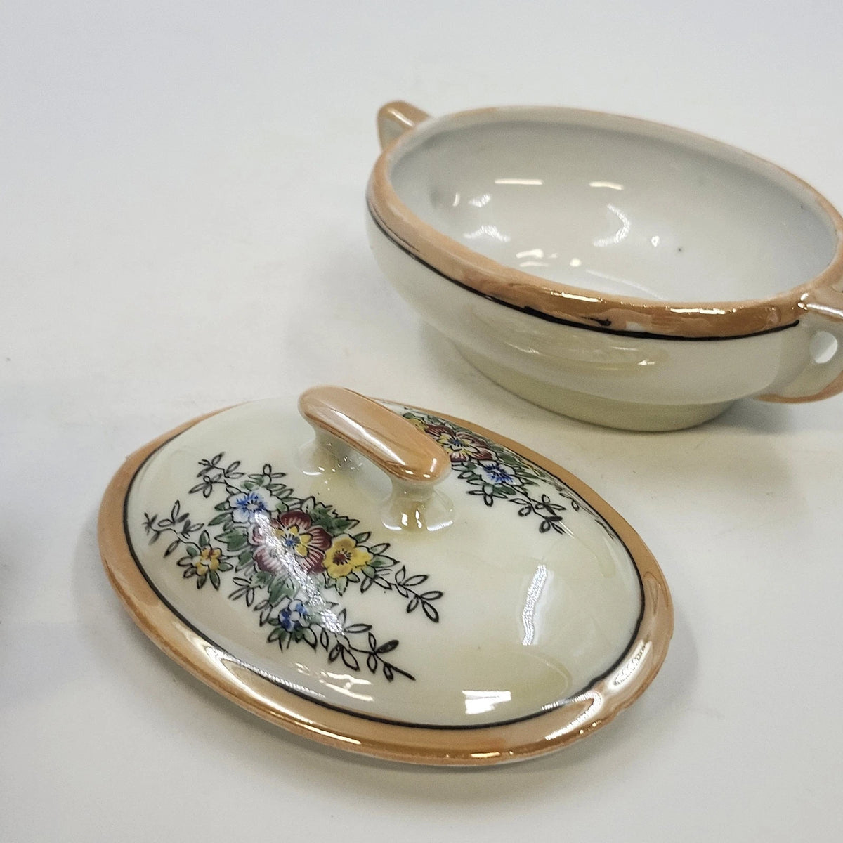 Japan Porcelain Covered Vegetable Bowl Hand Painted Floral Orange Luster 5.25"