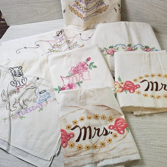8 Pillow Case Linen Salvage AS IS for crafts Vintage Embroidery Mr Mrs Cat Girl