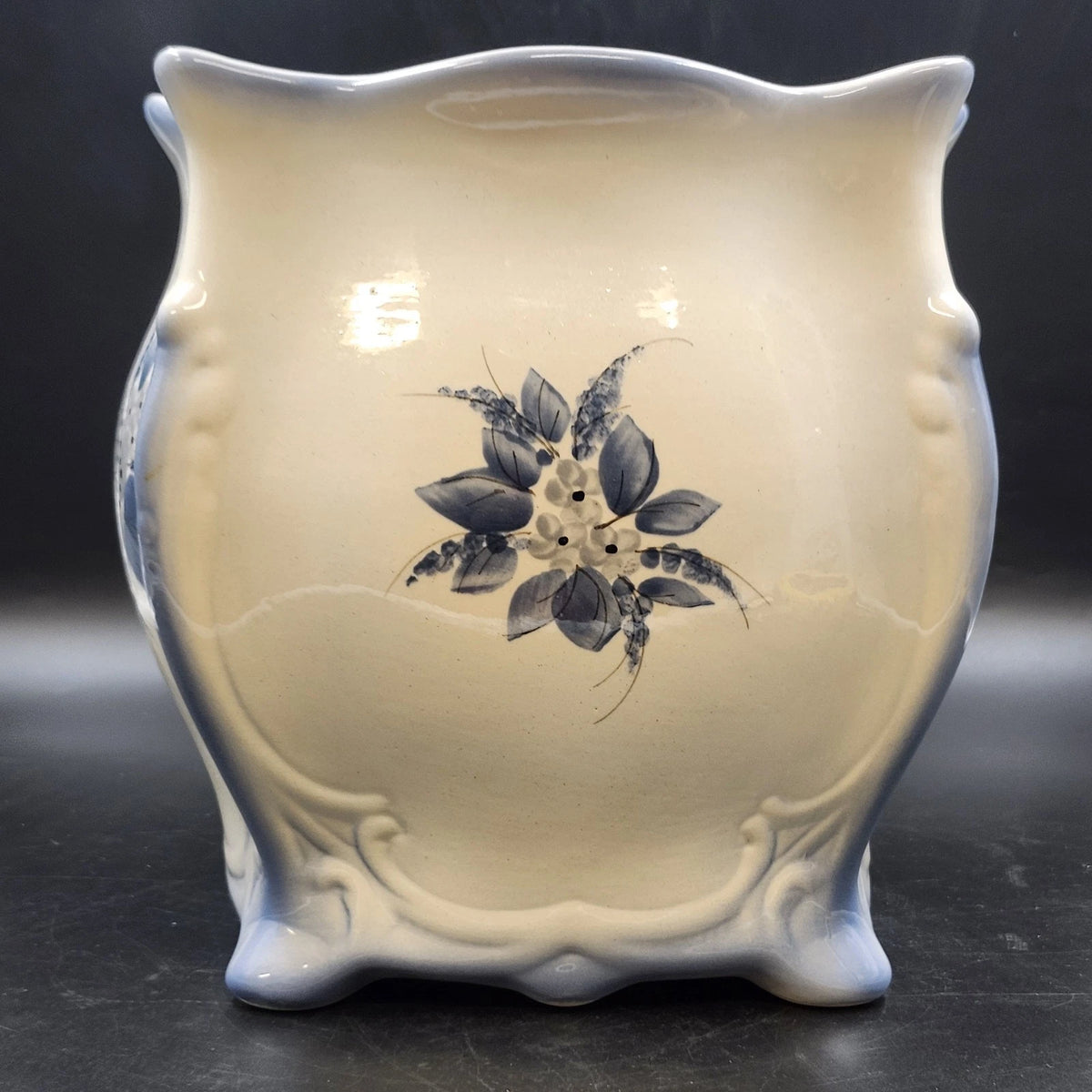 Vee Jackson California Pottery White Planter Blue Floral Footed Cachepot 9.5 in