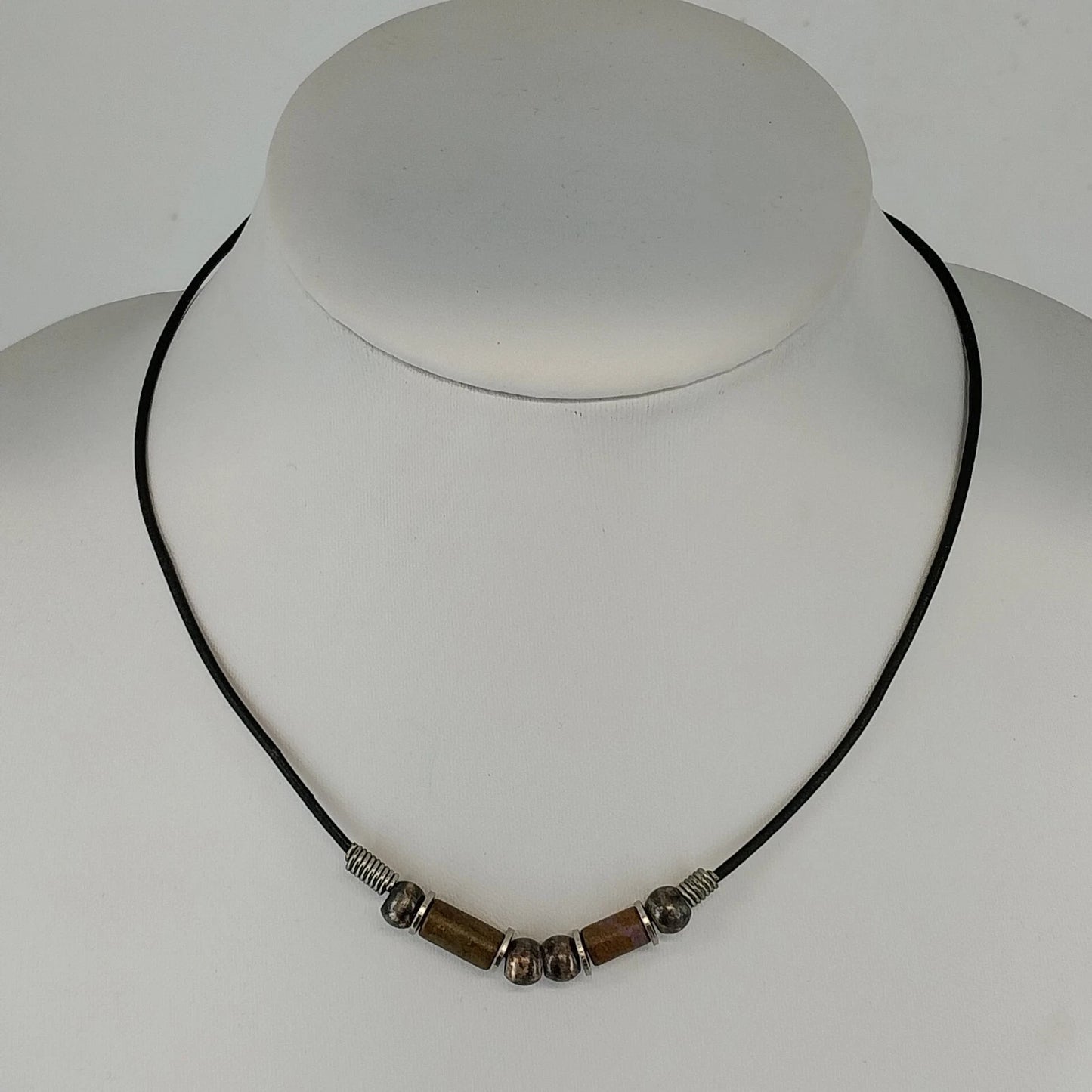 Liska Bali Black Leather Cord Necklace Wood Metal Beads Hook Clasp 17" Bohemian