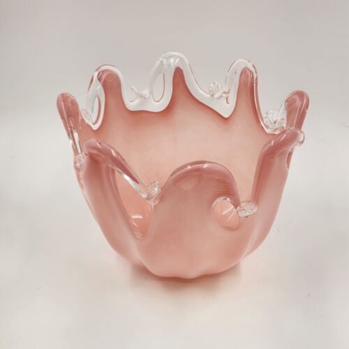 Murano Glass White Crystal Pink Bowl Handmade Italy Italian Glass Mouth Blown