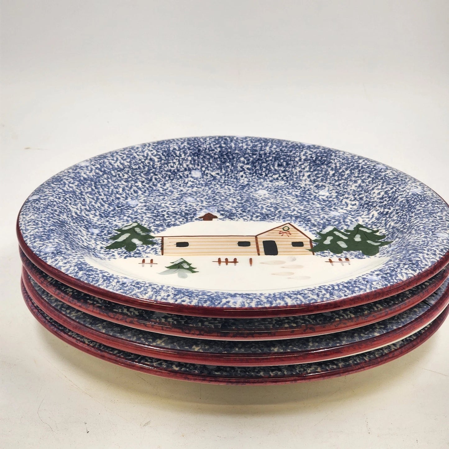 4 Holly Mountain Lodge Dinner Plates 11" FWC Cook's Bazaar Ceramic Winter Scene