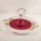 Indiana Glass Tidbit Serving Tray w Handle & 2 Candle Sticks Red White to Clear