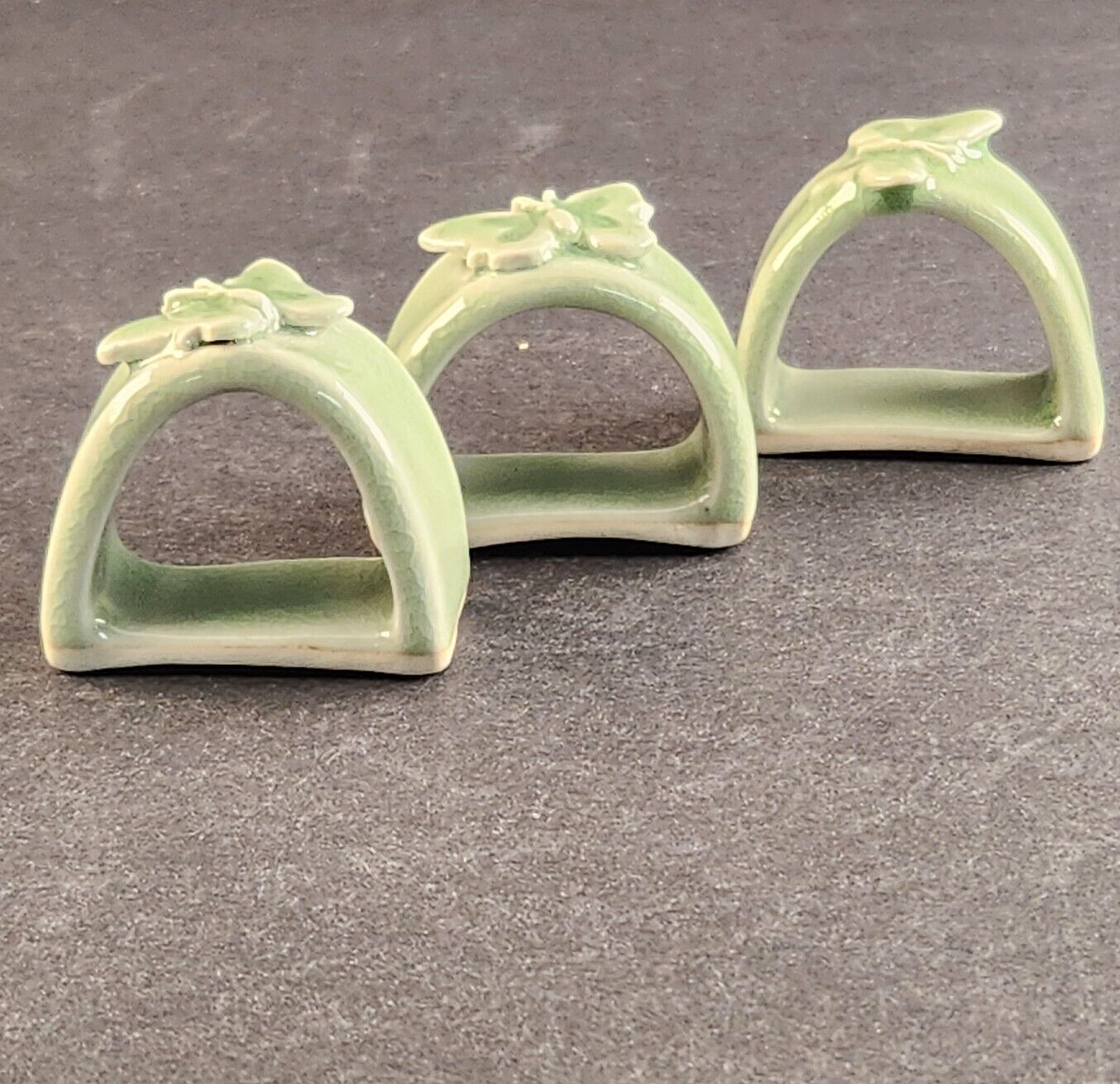 3 Thai Celadon Ceramic Green Butterfly Pattern Vintage Oval Napkin Rings