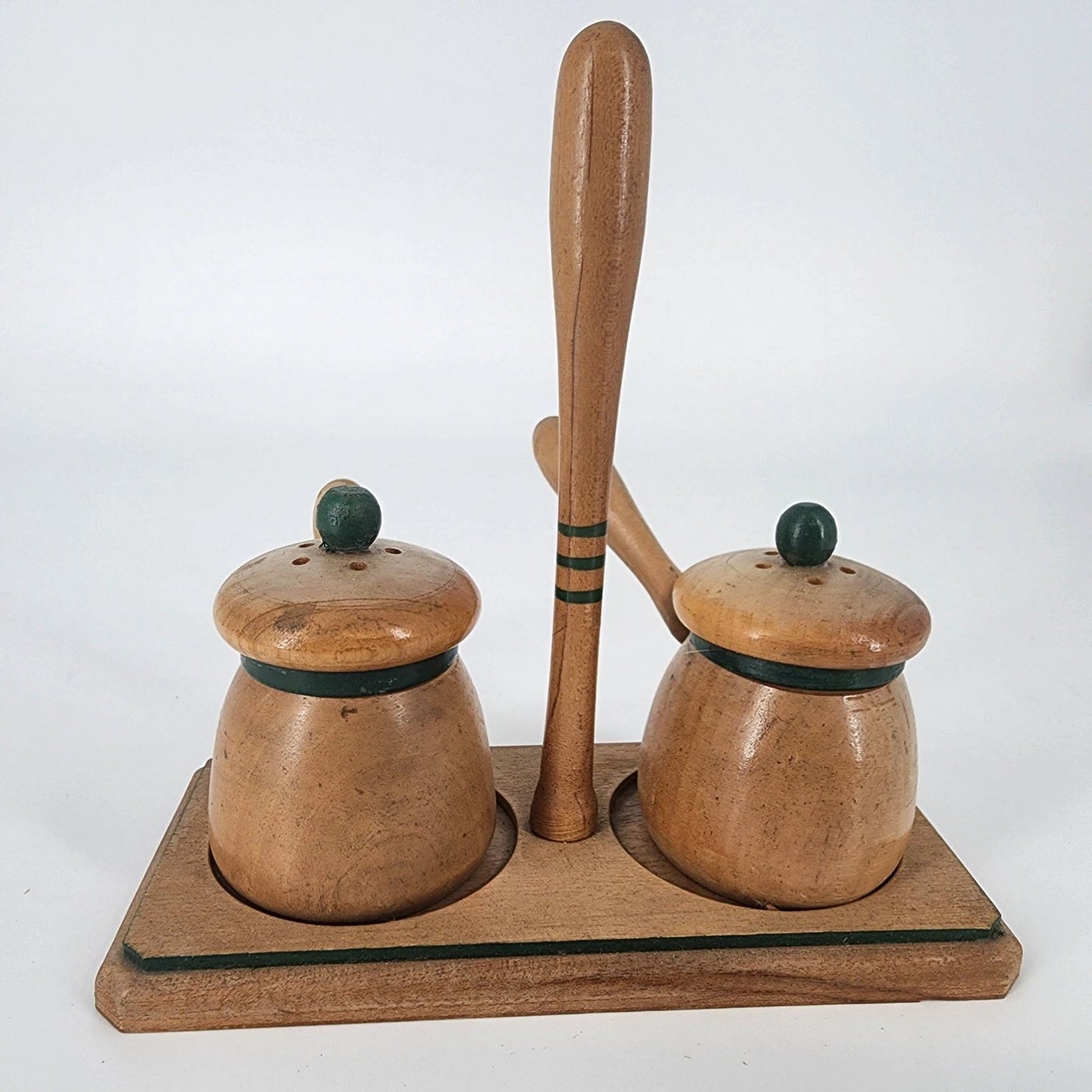 3 pc Nasco Wood Salt & Pepper Shakers Set Bean Pot Style with Stand Japan MCM