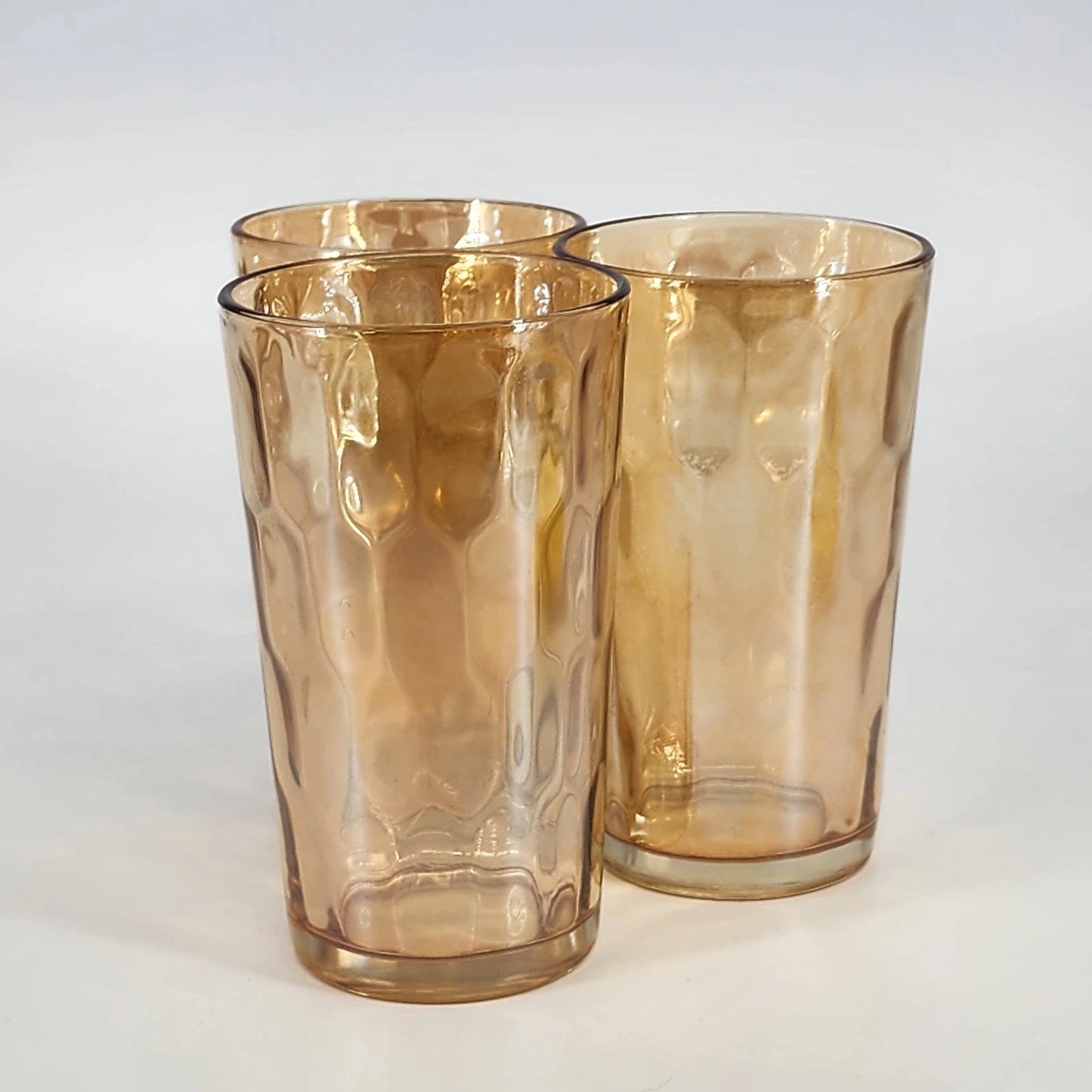 Jeannette Hex Optic Glasses Set of 3 Iridescent Marigold Carnival Glass 5" 8 oz