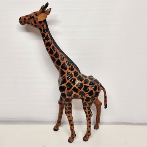 Leather Wrapped Giraffe Figurine Animal Vintage Large 18 Inch Tall Safari Décor