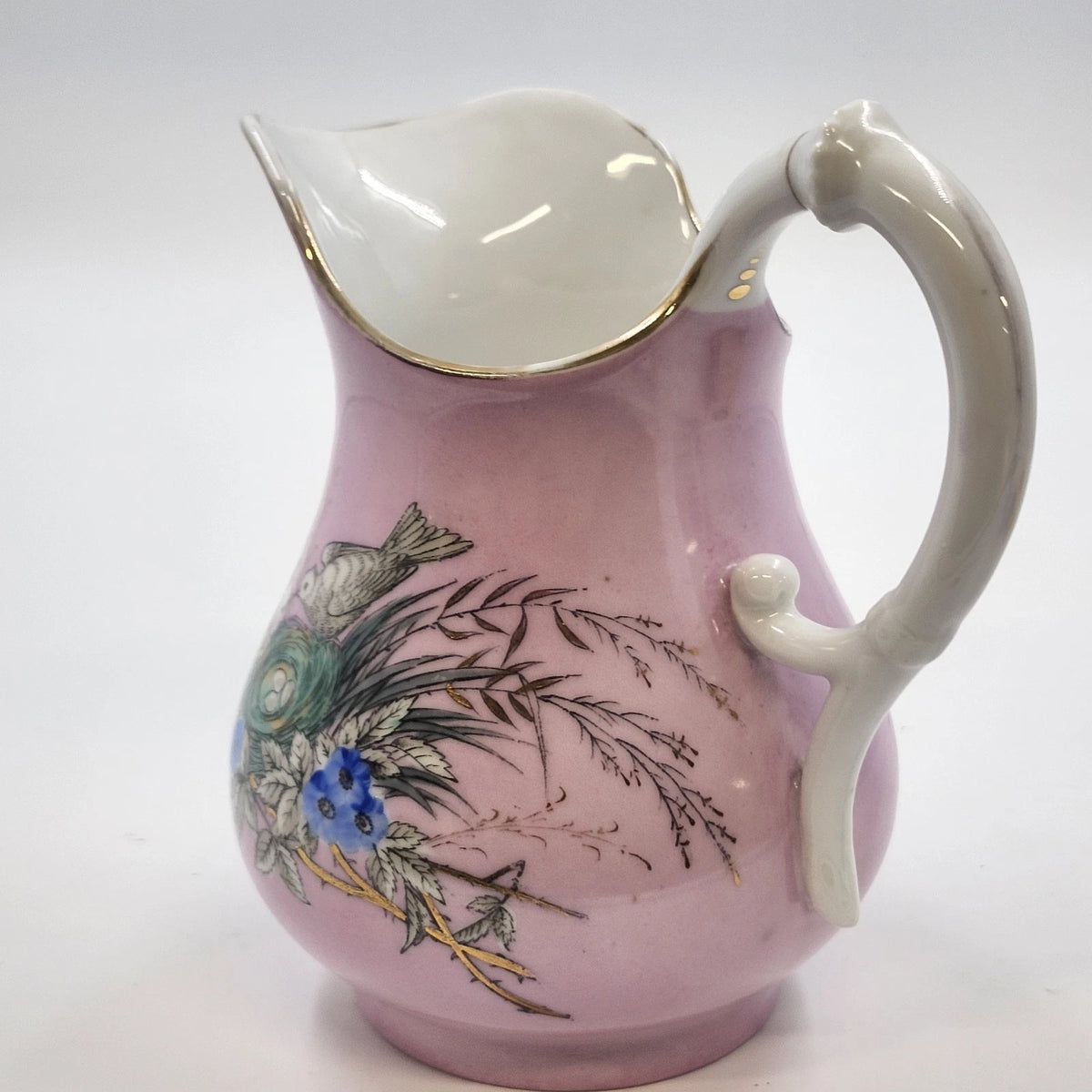 Pink Porcelain Creamer Pitcher Birds Nest Blue Flowers Gold Trim 6" Vintage