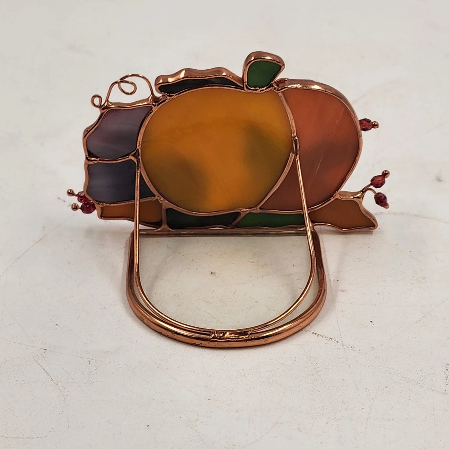 Stained Glass Pumpkin Tealight Holder Fall Apple Acorns 3D Decor Translucent Vtg