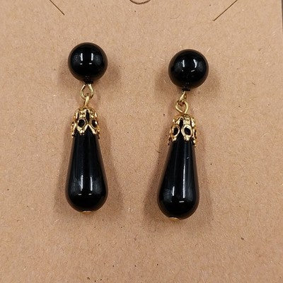 Black & Gold Tone Chunky Long Teardrop & Round Onyx Dangle Drop Earrings 1.25"