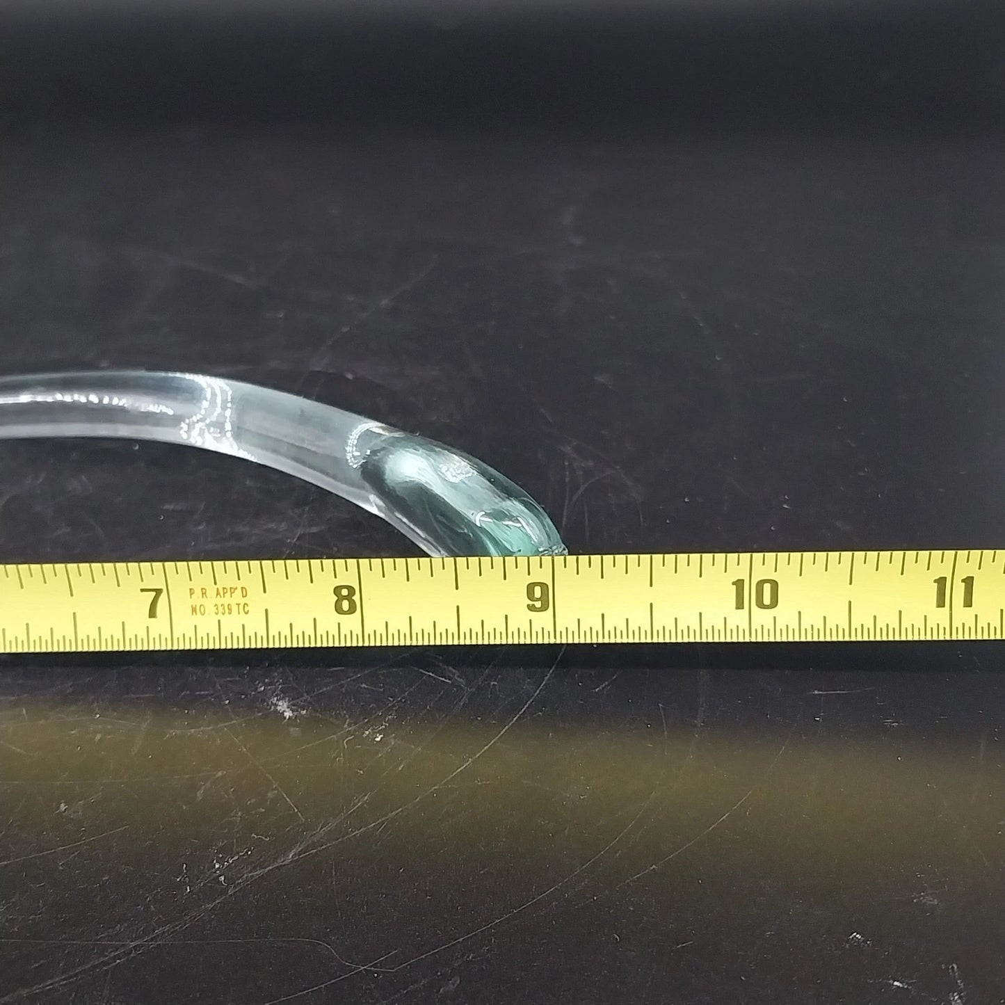 Hand Blown Glass Punch Bowl Ladle Green Tint Curved Handle 9in Large Dipper Vtg