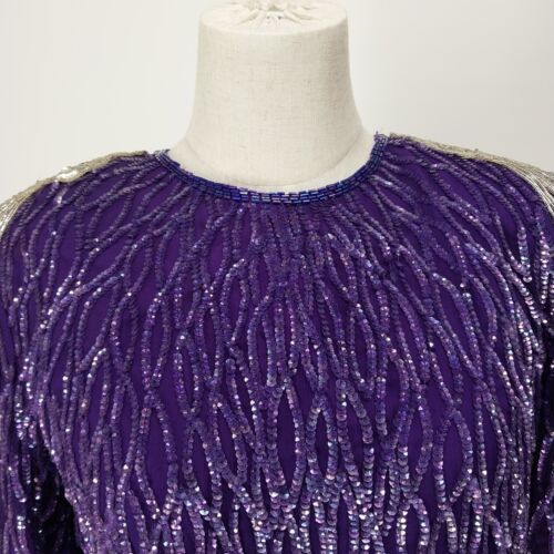 Lawrence Lazar Top Sequined Size XL Purple Silver Tasseled Shoulder Pads