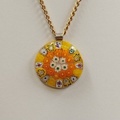 Murano Millefiori Glass Pendant Necklace Gold Tone Chain 22" Vtg Lobster Claw