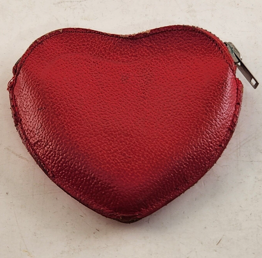Heart Coin Purse Leather Zip Top Vintage Red England 1950s 1960s Change Holder