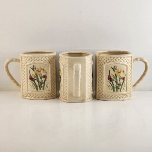 3 Enesco Butterfly Garden Trellis 4" Tall Coffee Mugs Cups Japan 1978 Vintage