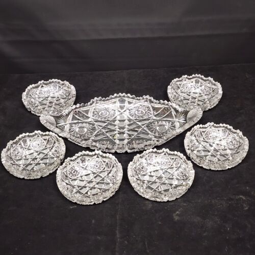 Hobstar Fan Pattern American Brilliant Cut Glass 14" Oblong Dish and 6 Bowl Set