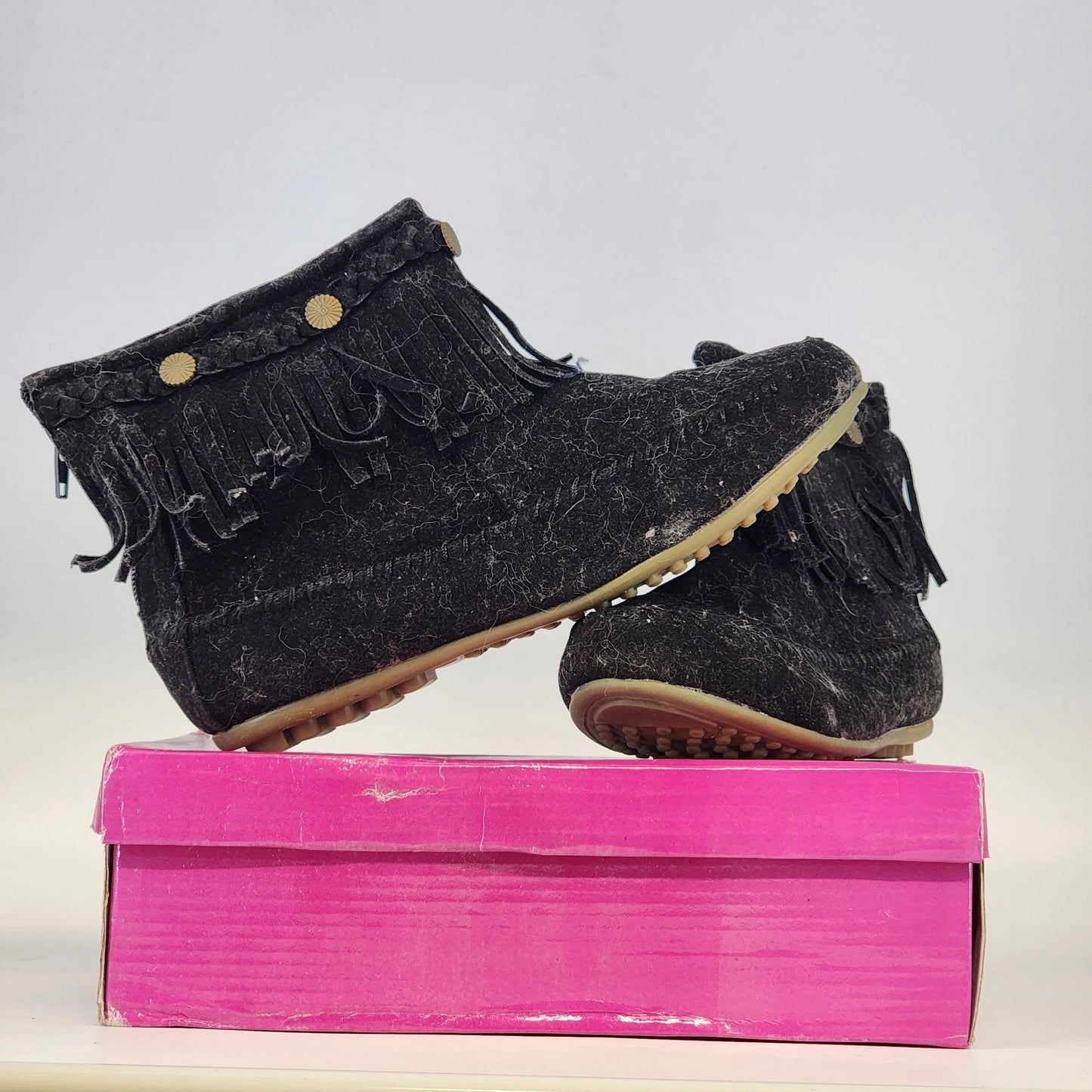 Shoes of Souls Black Fringe Moccasin Ankle Boots Women Size 9