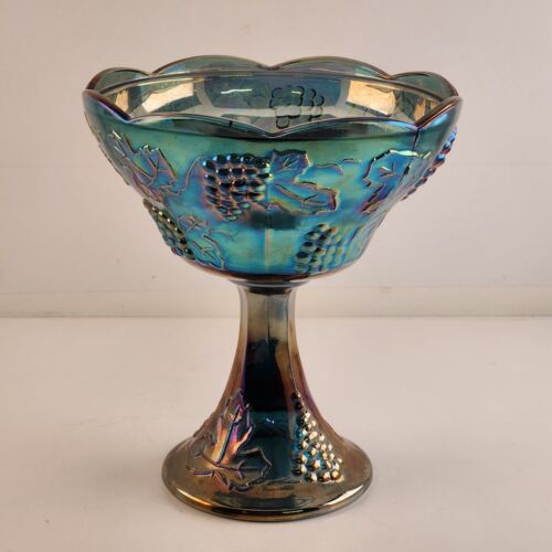 Indiana Glass Compote Pedestal Blue Grape Iridescent Candy Dish 6¾" x 7¾" Tall