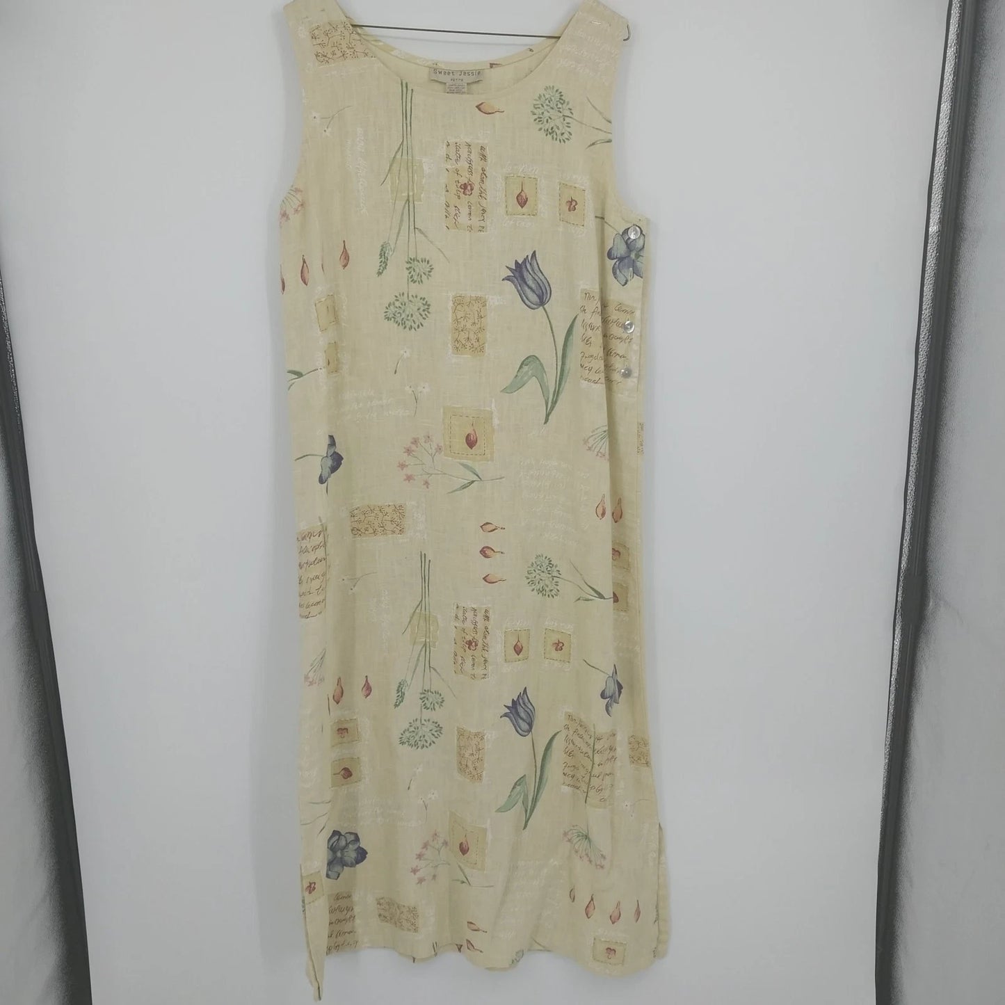 Sweet Jessie Linen Maxi Dress Large Yellow Floral Botanical Sleeveless Petite