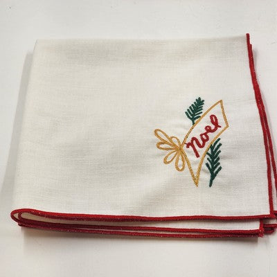 Set of 6 White Christmas Napkins 16" Red Hem Embroidered Holiday Designs
