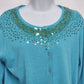 Aqua Blue Button Up Cardigan Bejewled Front Neckline Vintage Women Large