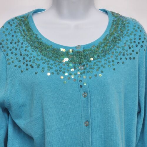 Aqua Blue Button Up Cardigan Bejewled Front Neckline Vintage Women Large