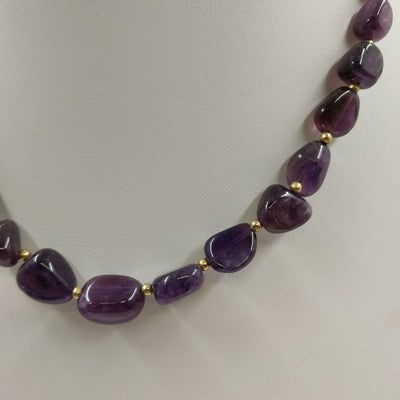Statement Necklace with Gold Tone Beads and Glossy Natural Amethyst 18" Jewelry