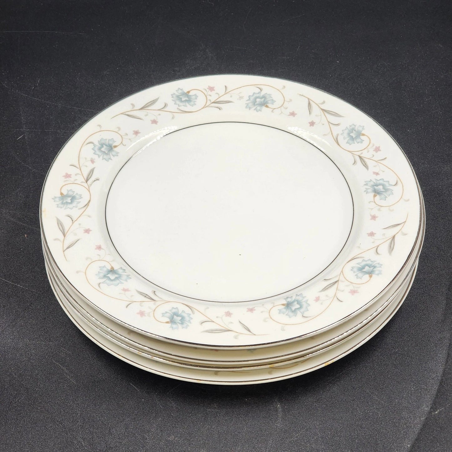 4 English Garden Dinner Plates Platinum Rim 1221 Fine China of Japan