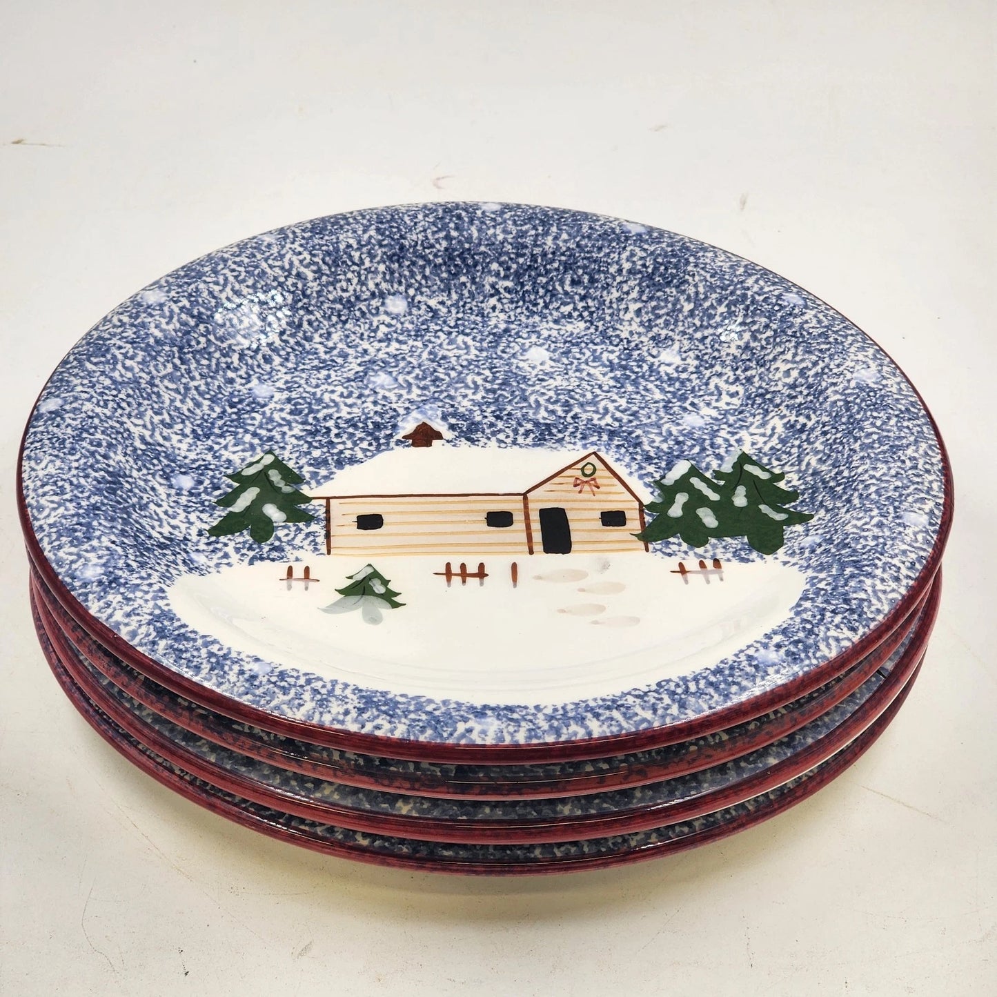 4 Holly Mountain Lodge Dinner Plates 11" FWC Cook's Bazaar Ceramic Winter Scene