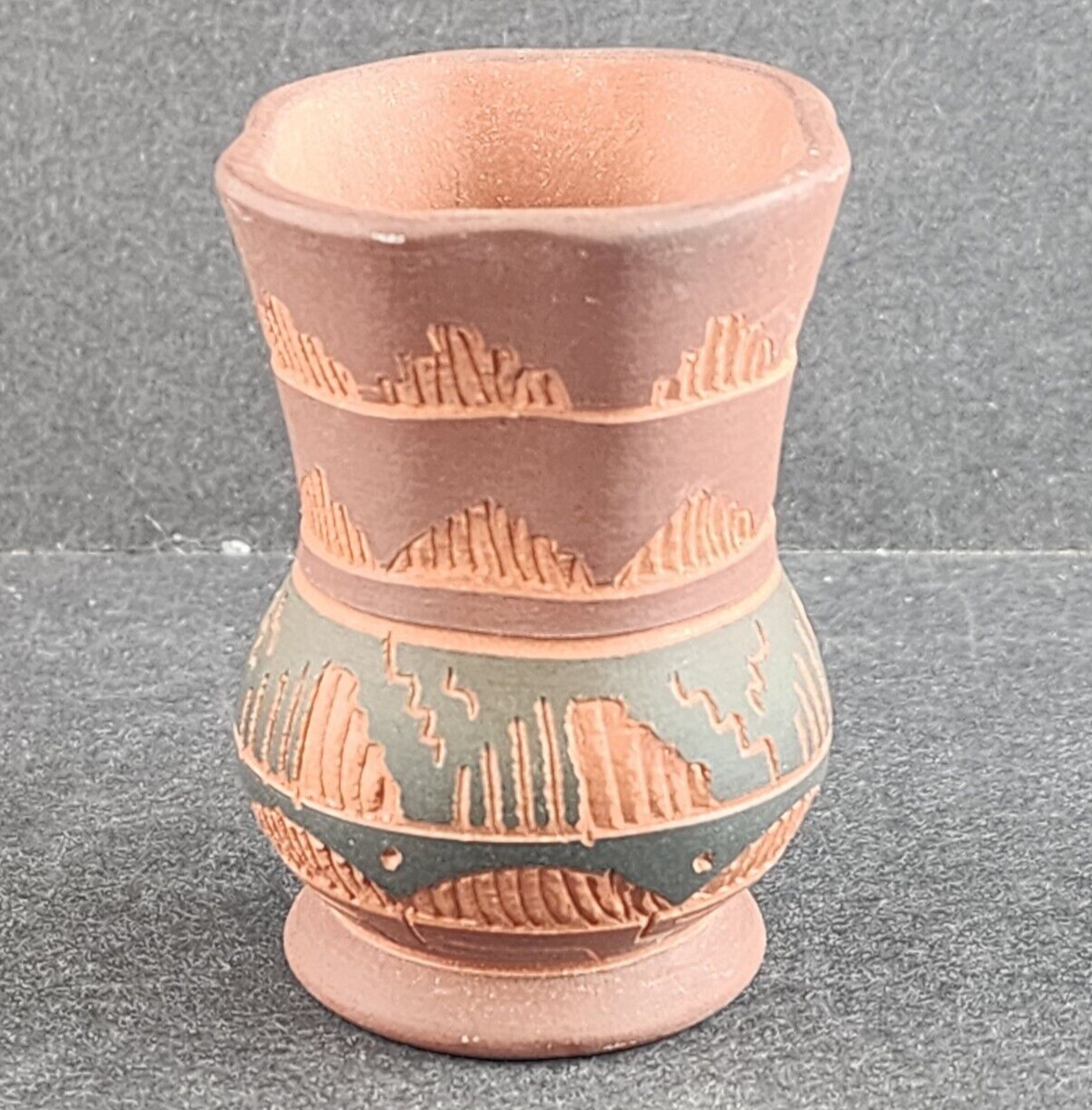 Navajo Red Clay Pottery Etched 3" Miniature Vase Signed J Hayes Native American