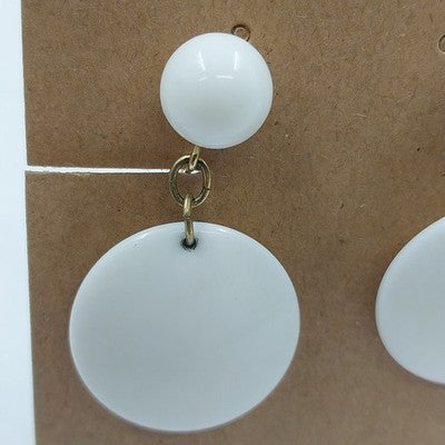 Gold Tone with White Round Disc Plastic Dangle Drop Clip On Earrings