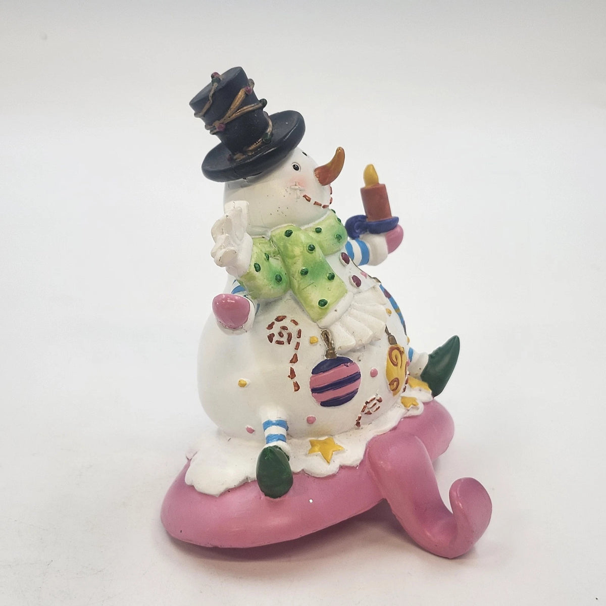 Snowman Stocking Holder Figurine 5.5" Pink Base Candle Scarf Hat Christmas Resin
