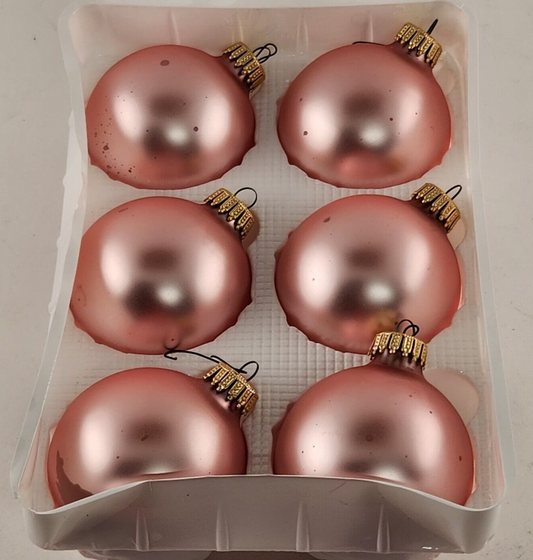 Krebs Glass Christmas Balls Pink Rose Pearl Satin Ornaments 6 Pk Vintage Box 2½"