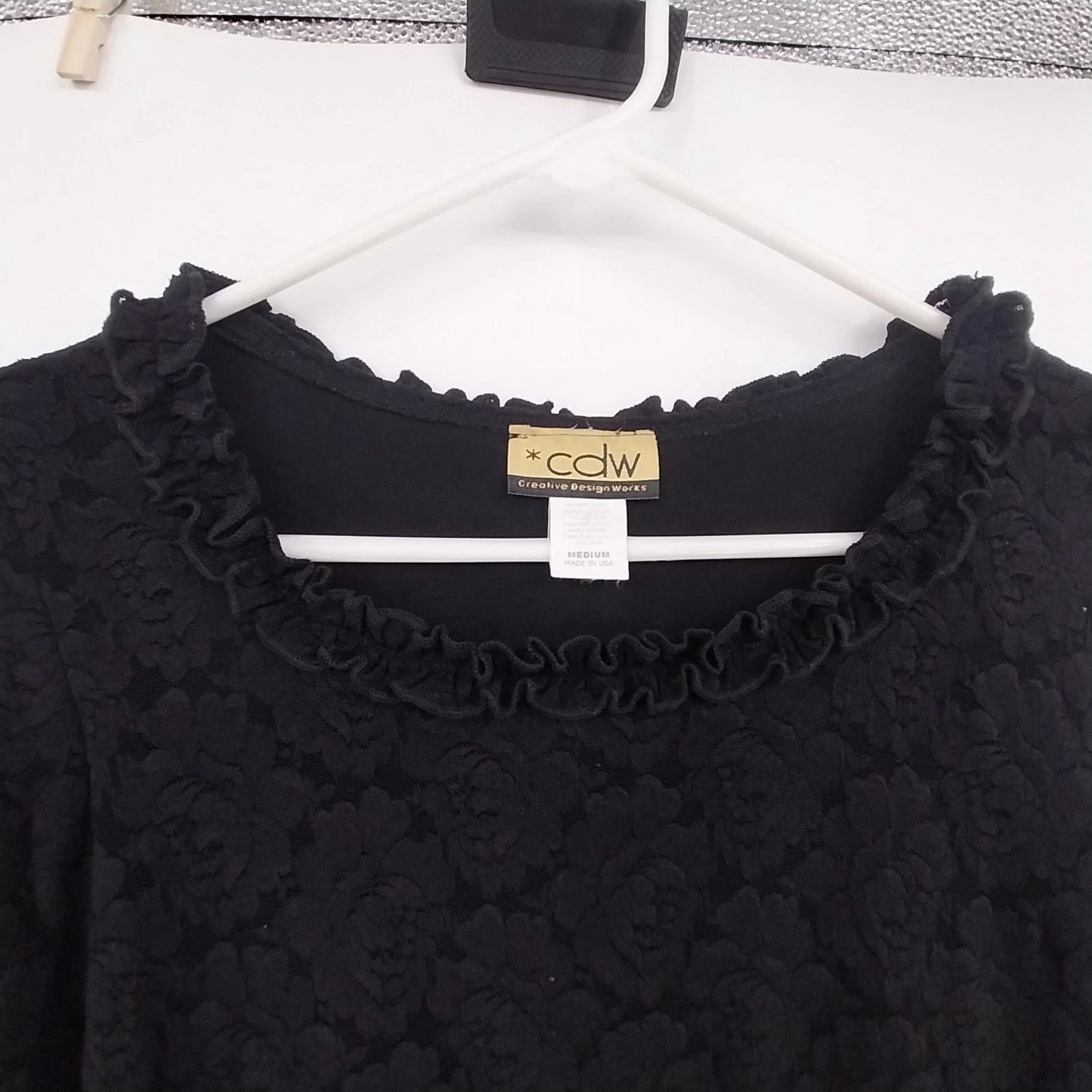 CDW Black Floral Rose Top Women Medium Lace Ruffle Neck Cuffs Long Sleeve USA