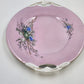 Pink Porcelain Cake Plate Birds Nest Blue Flowers Gold Handles 10.5" Antique