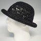 Women's Black Crochet Straw Cloche Hat Rolled Brim Cut Out Open Weave One Size