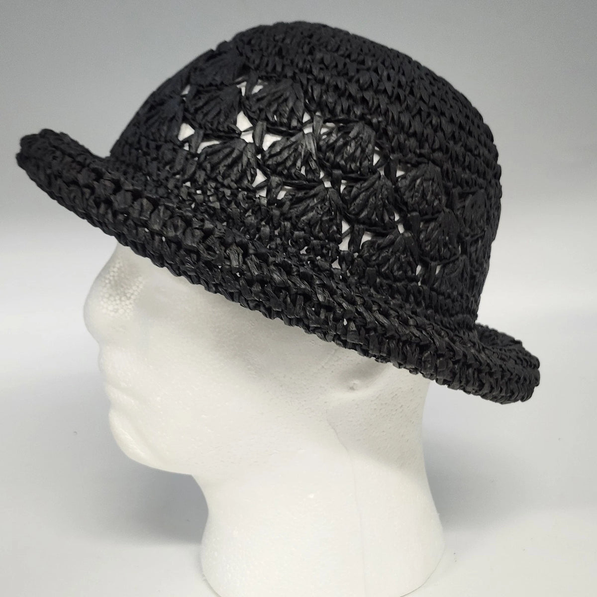 Women's Black Crochet Straw Cloche Hat Rolled Brim Cut Out Open Weave One Size
