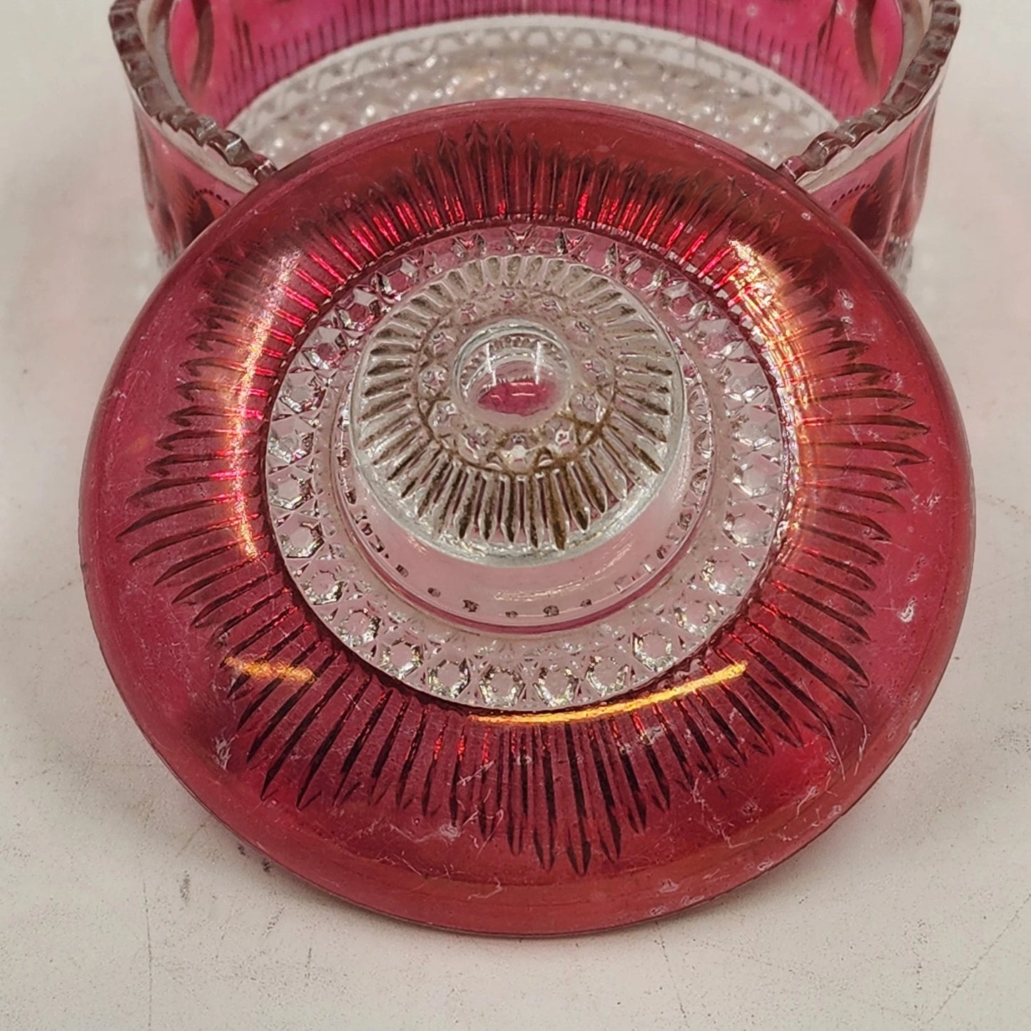 Manhattan Ruby Rose Powder Jar 1902 US Glass Cranberry Vanity Box Antique EAPG