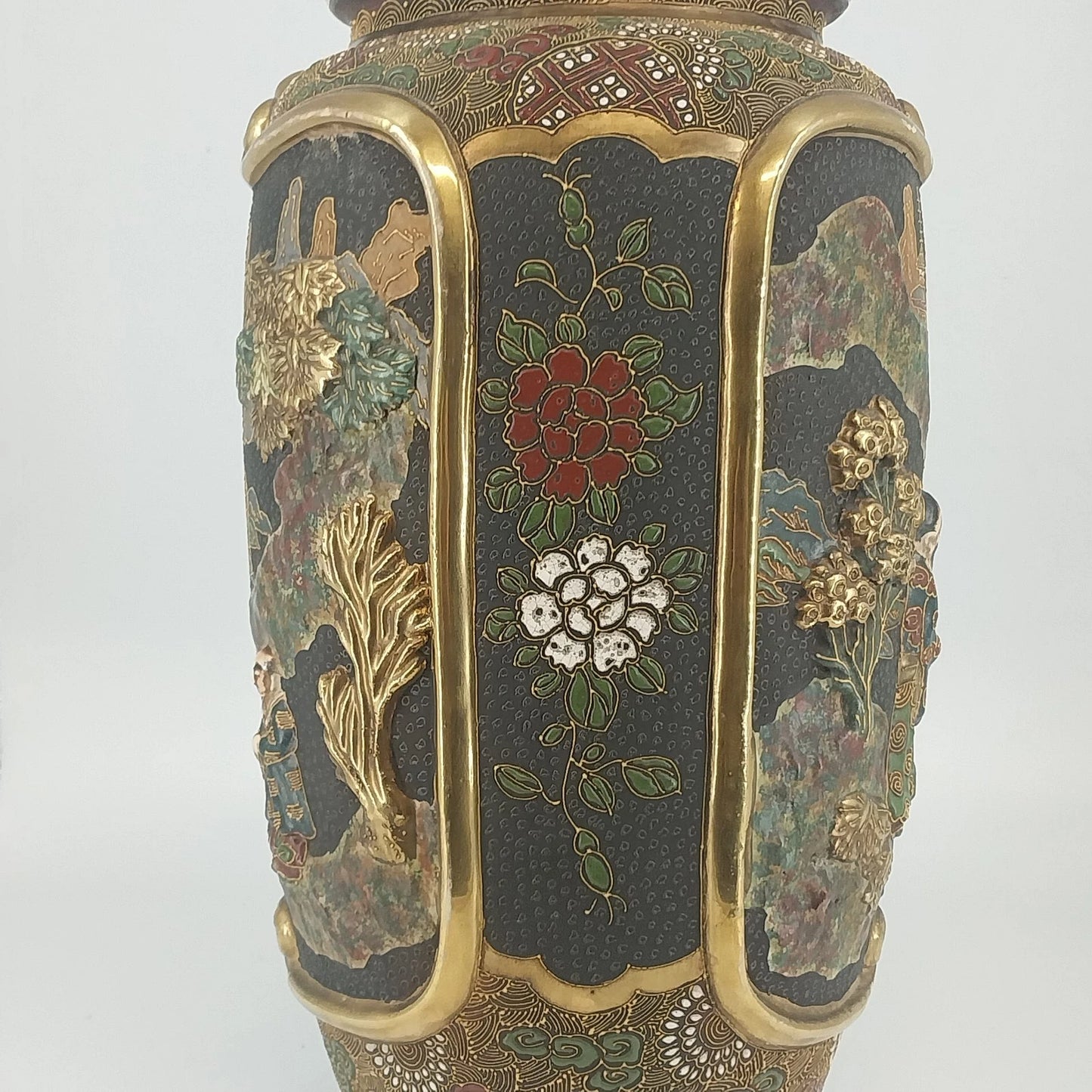 Japanese Moriage Satsuma Vase Lamp Base Gold Gilt Raised Relief 14.5" Antique