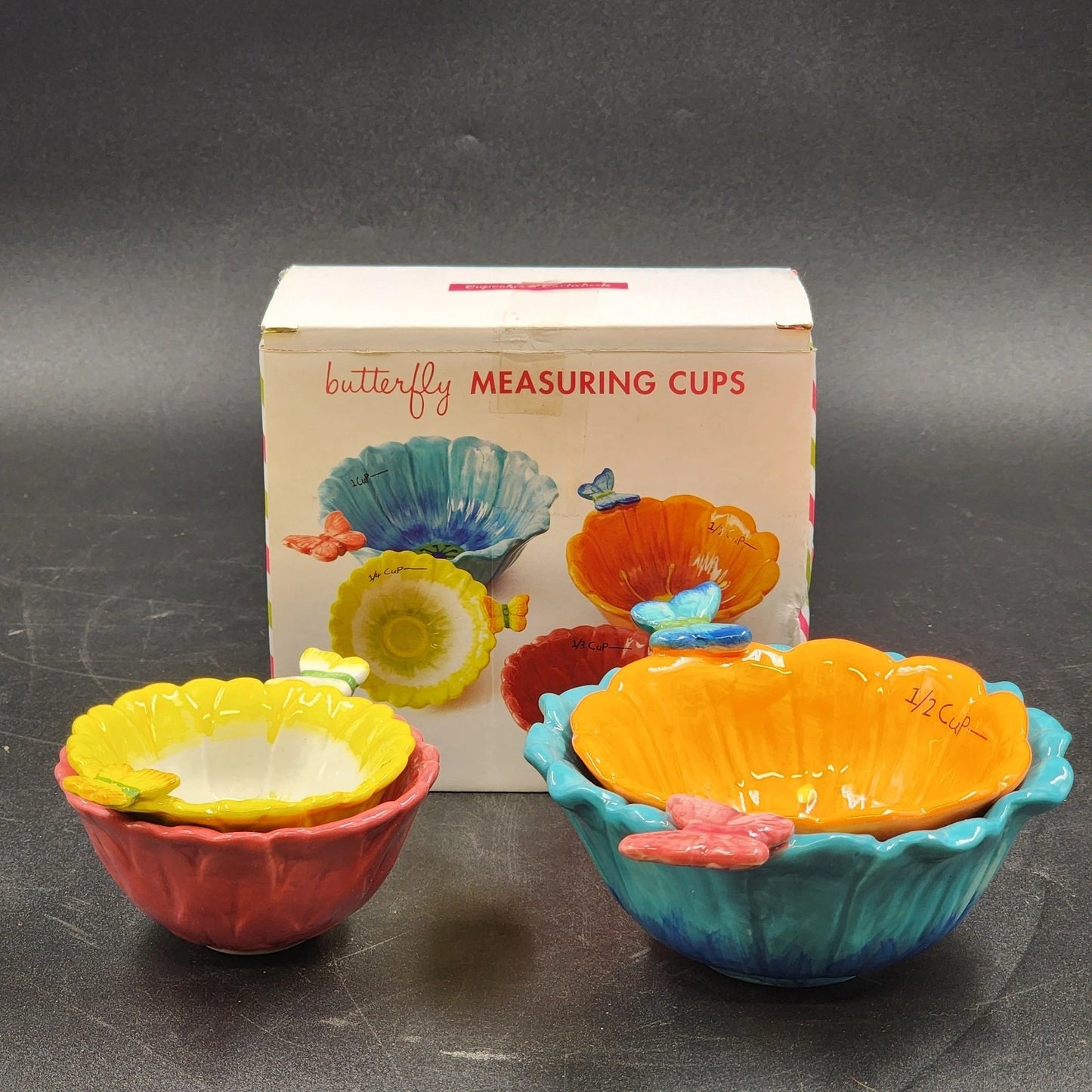 Cupcakes & Cartwheels Ceramic Butterfly Measuring Cups Nesting Set Flower Shape
