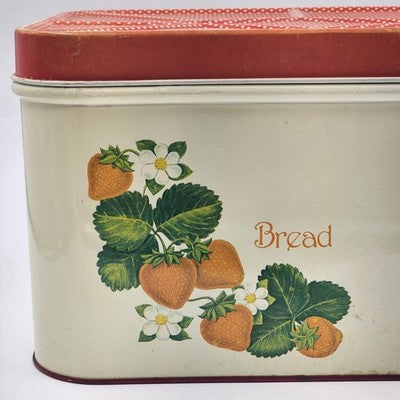Cheinco Metal Tin Bread Box 13.5x9.5x8"h Strawberries & Leaf Red Lid Vintage MCM