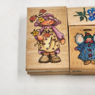 4 Wood Rubber Stamps Sleeping Kitty Country Angel Trio Flower Girl Bluebonnet