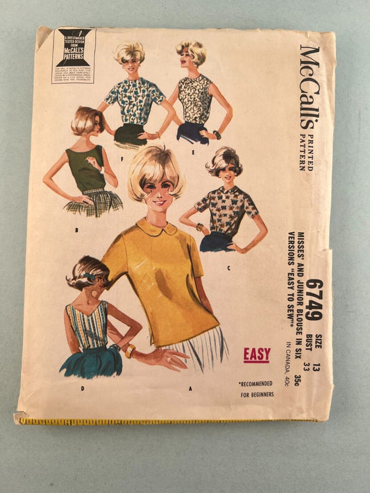 McCalls 6749 Vintage Sewing Pattern '63 Missies Junior Blouse 6 Versions Size 13