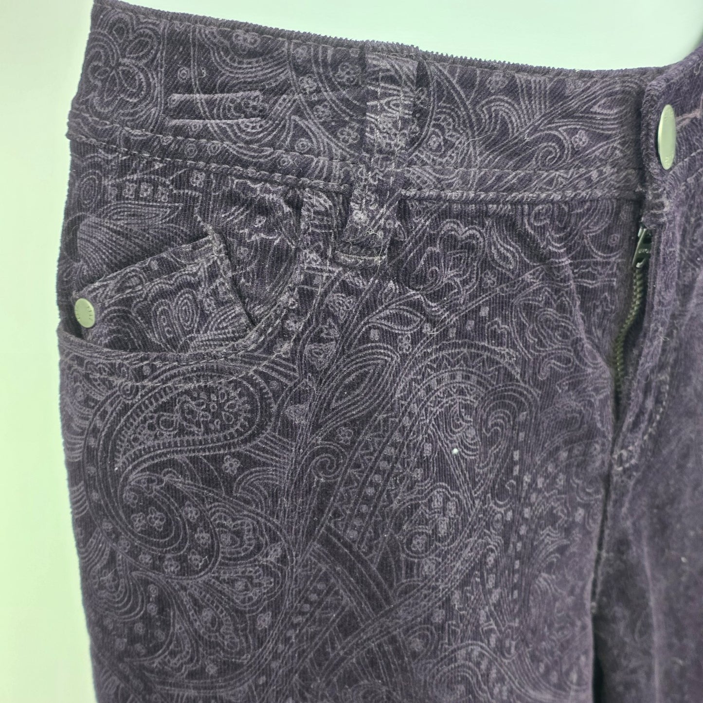 ELLE Dark Plum Purple Velvet Jeans Pants Paisley Boho Motif Low Rise Stretch 12R
