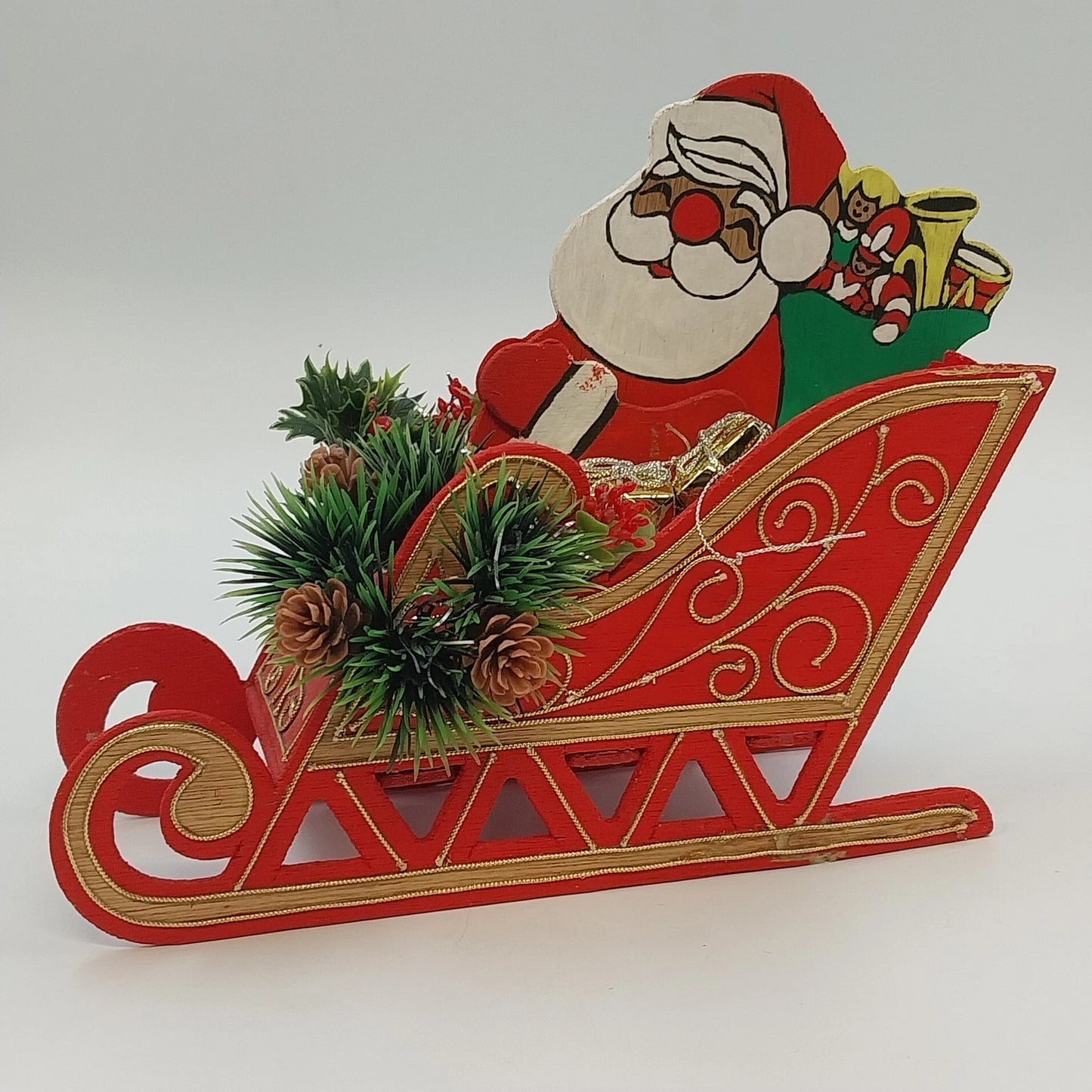 Santa Claus Wood Sleigh Card Holder Candy Bowl Pinecone Christmas 9" Centerpiece