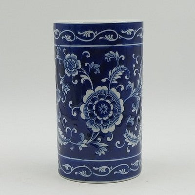 Pier 1 Import Porcelain Mandarin Cobalt Blue White Floral Utensil Holder Vase 8"