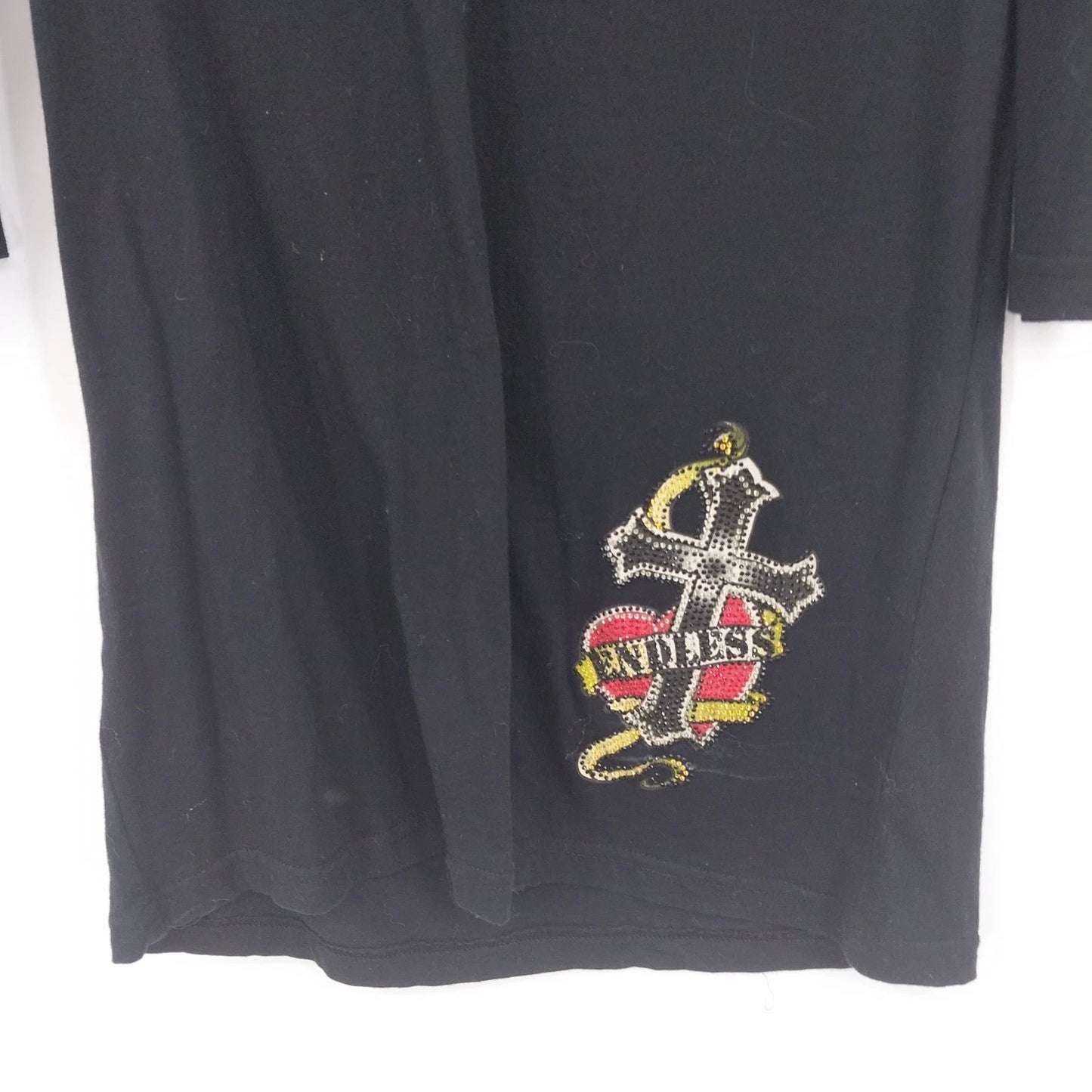 Escio-T Women's Black Rhinestone Endless Love Cross Heart Graphic Top Large