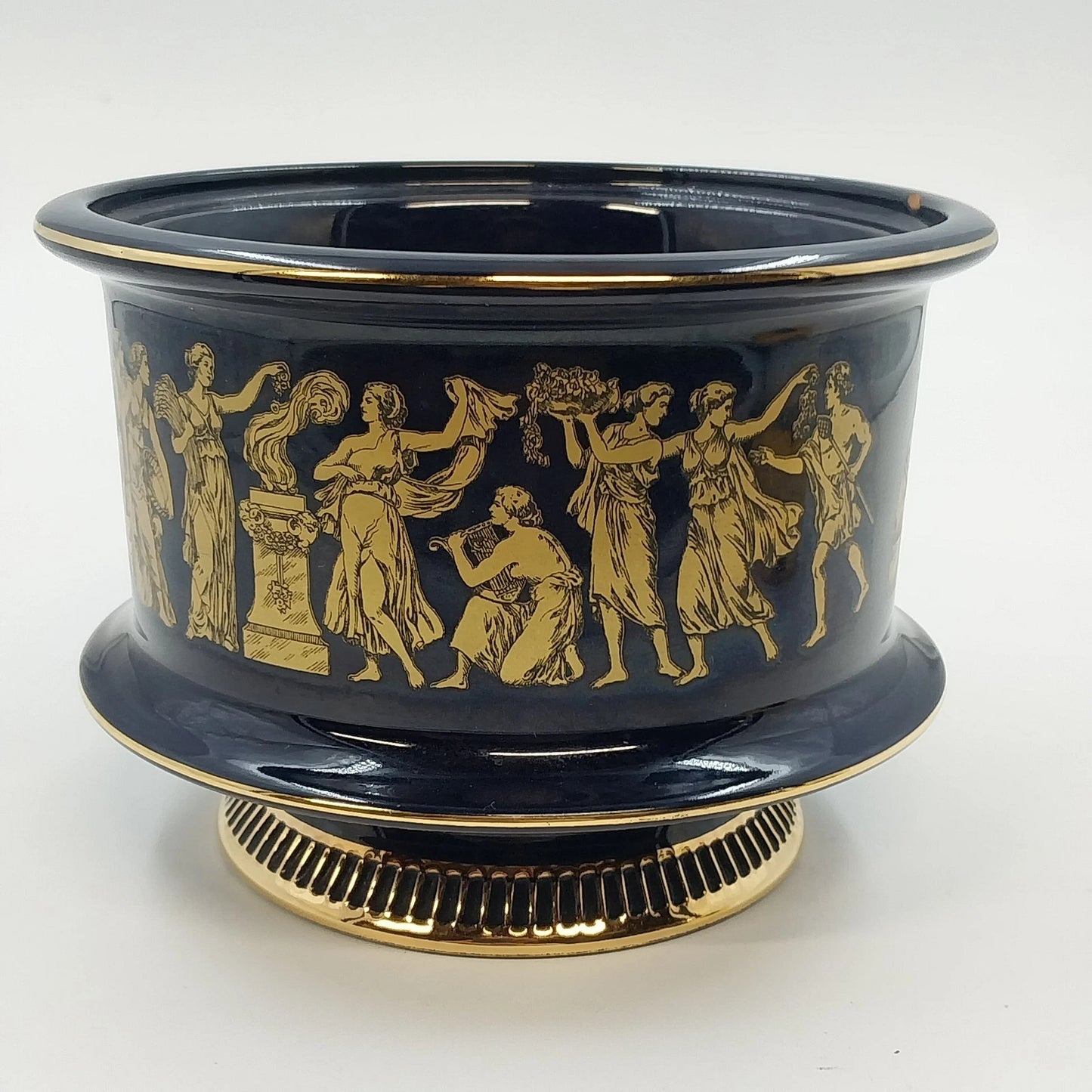 Florentine Italy Footed Pottery Bowl Cobalt Blue Gold Classical 4" Tall x 5.25"d
