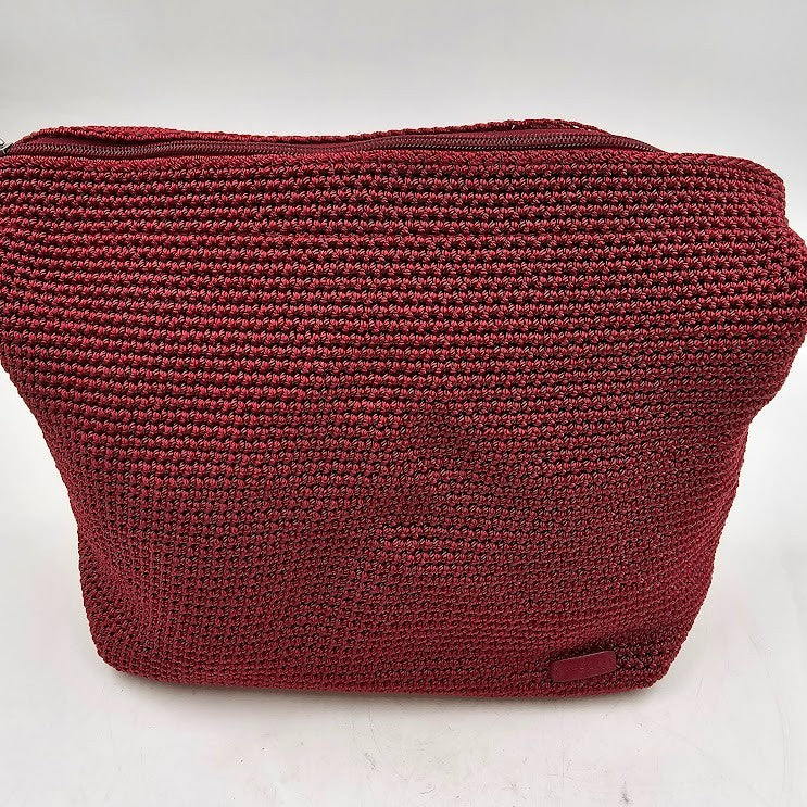 The Sak Red Woven Crochet Shoulder Bag Purse Leather Strap 12"x10"x6" Vintage
