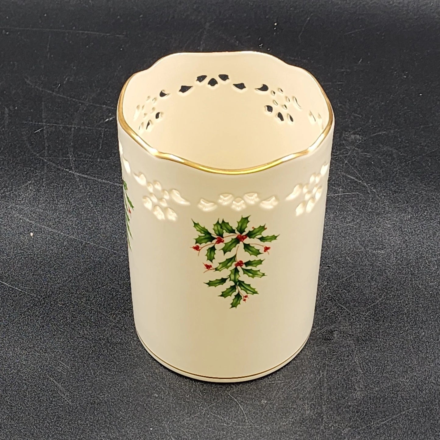 Lenox Pierced Holly Votive Candle Holder Vase Holiday Dimension Ivory Porcelain